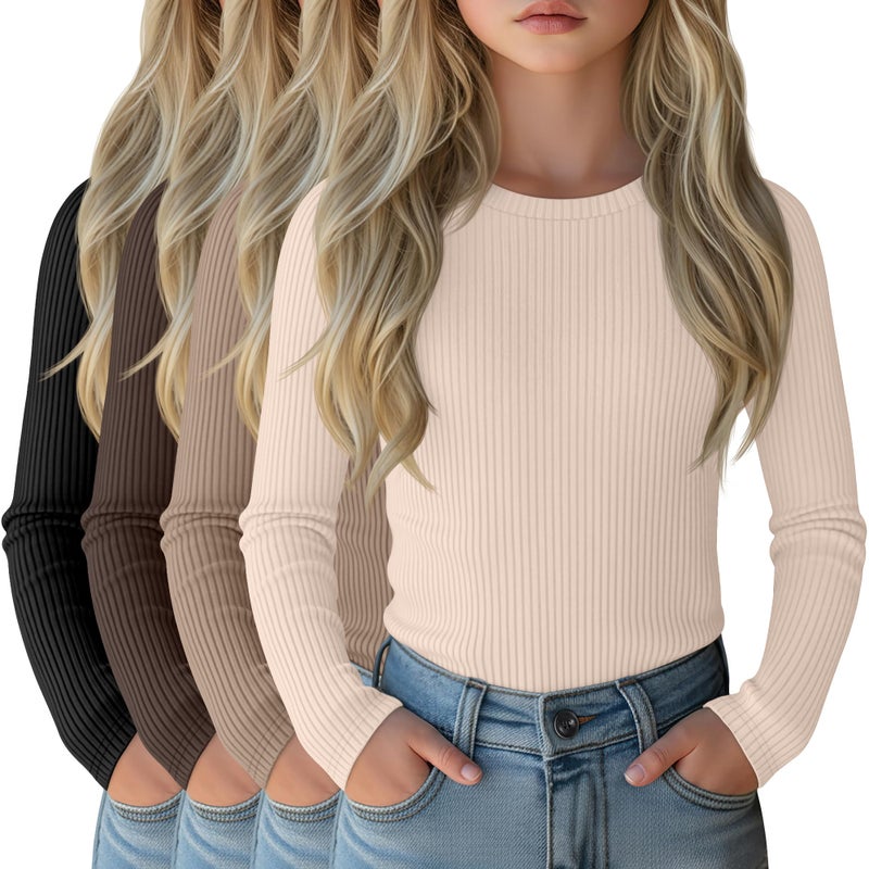 LessonZoo 4 Pack Girls Long Sleeve Shirts Ribbed Knit Cotton Crewneck Tops Slim Fit Soft Casual Kids Base Layer Undershirts(Black, Brown, Cookie, Cream,7-8 Years) - Image 1
