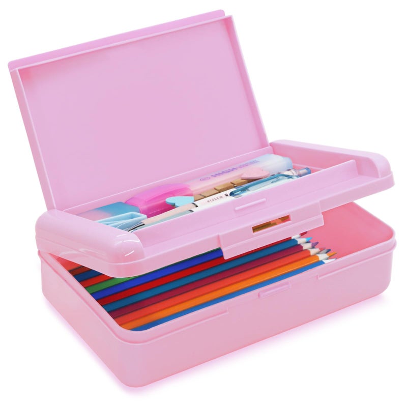 Nuozme Double Layer Pencil Box Hard Pencil case 2 Compartments Plastic Large Capacity Pencil Case with Snaptight Lid Hard Storage Organizer Box for Girl Boy MediumsizedPink