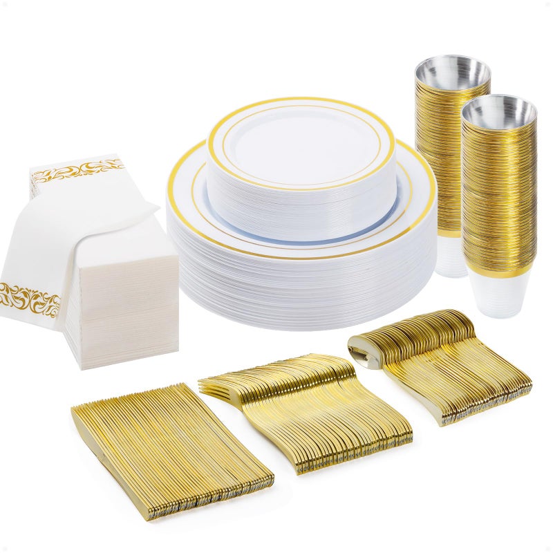 BESTVIP 175 PCS Gold Dinnerware Set for 100 Guests Plastic Dinnerware Set for Party Include 25 Gold Dinner Plates25 Dessert Plates 25 Plastic Silverware Set 25 Cups 25 Paper Napkins