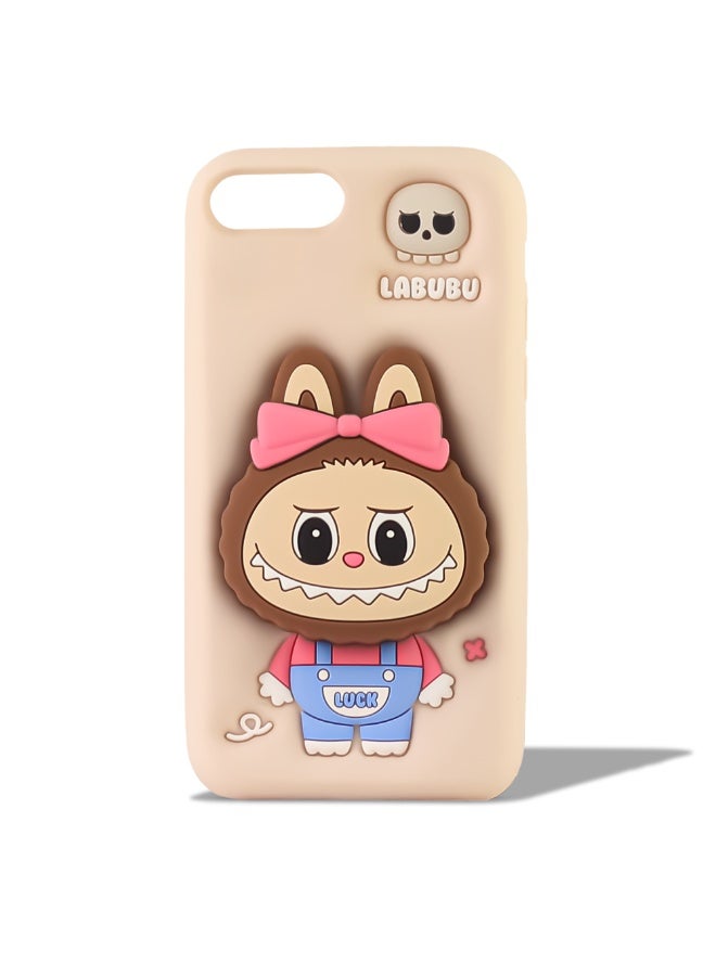 أغطية حماية أنيقة من السيليكون الناعم بتصميم كرتوني لطيف ثلاثي الأبعاد مع حامل للهاتف آيفون 7/8 بلس (بيج)