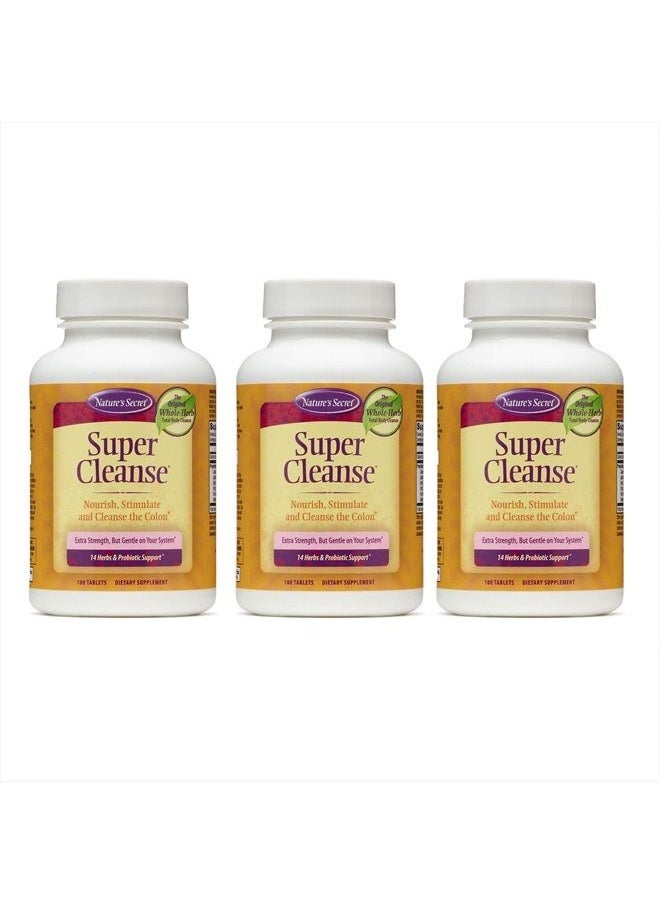 Nature's Secret Super Cleanse Extra Strength Toxin Detox & Gentle Elimination Body Cleanse, Digestive & Colon Health Support - Stimulating Blend of 14 Herbs with Probiotics - 100 Tablets (Pack of 3)  - Image 1