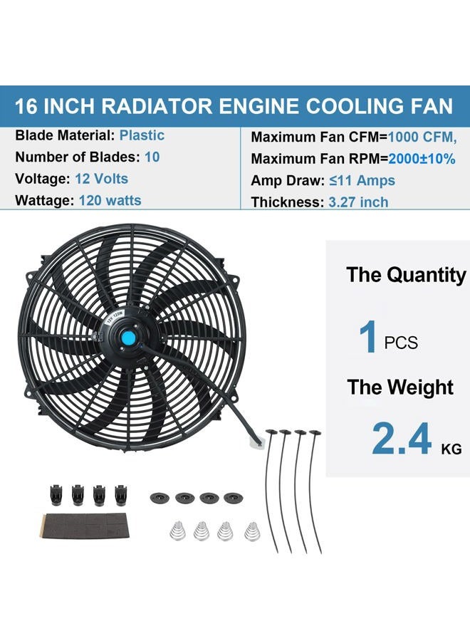 FSBCGT 16 Inch Universal Slim Fan Push Pull Electric Radiator Cooling Fan 12V 120W with Mount Kit - Image 2