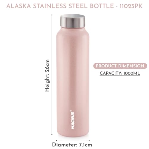 Magnus Alaska Stainless Steel Water Bottle 1 LTR - Leakproof, Airtight, Rust Free, Single Wall Water Bottle for School Kids, Ideal 1000ml Pink Water Bottle - Image 2