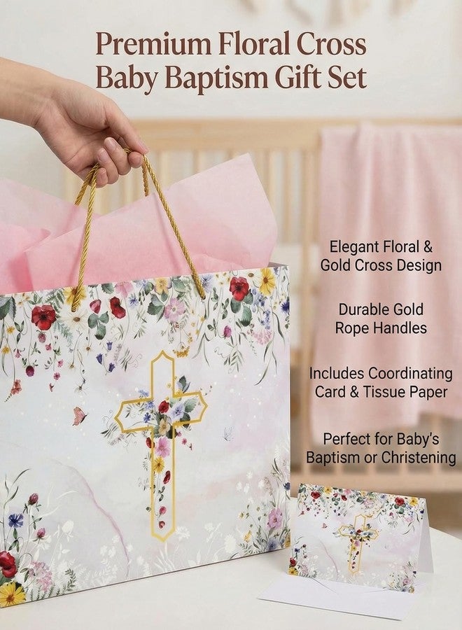 GFInYHM 13" Wildfloral Gold Cross Gift Bag Set with Greeting Card and Tissue Papers for First Communions, Baby Boy Girl Baptisms, Christenings, Wedding, Religious Occasions - Image 3