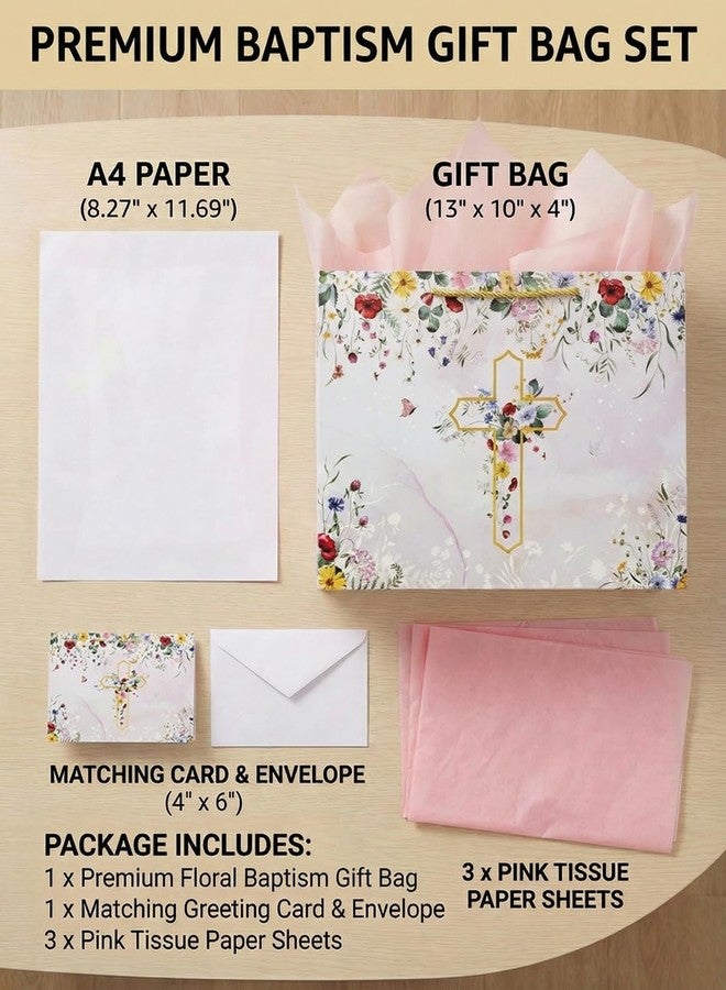GFInYHM 13" Wildfloral Gold Cross Gift Bag Set with Greeting Card and Tissue Papers for First Communions, Baby Boy Girl Baptisms, Christenings, Wedding, Religious Occasions - Image 2