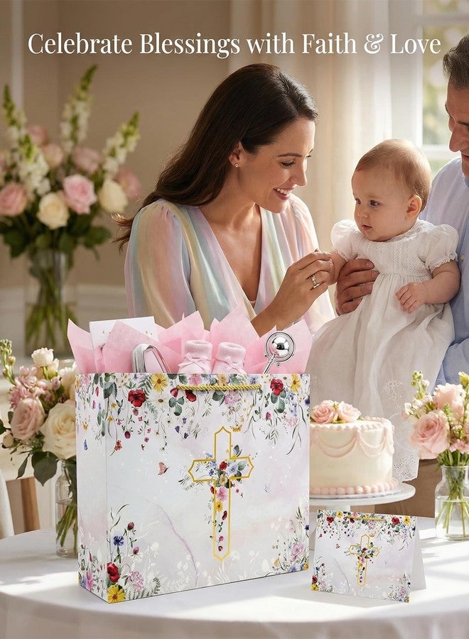 GFInYHM 13" Wildfloral Gold Cross Gift Bag Set with Greeting Card and Tissue Papers for First Communions, Baby Boy Girl Baptisms, Christenings, Wedding, Religious Occasions - Image 5