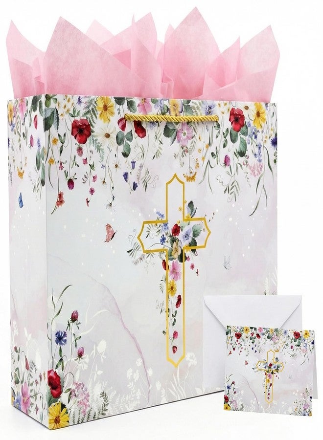 GFInYHM 13" Wildfloral Gold Cross Gift Bag Set with Greeting Card and Tissue Papers for First Communions, Baby Boy Girl Baptisms, Christenings, Wedding, Religious Occasions - Image 1