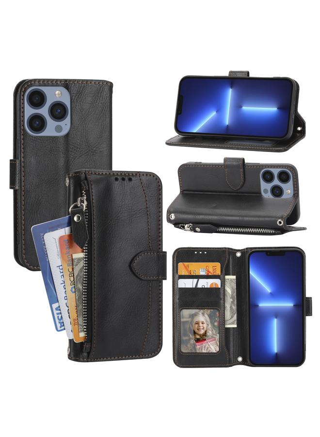 حافظة جلدية بسحاب وزيت لهاتف iPhone 16 Pro (أسود)