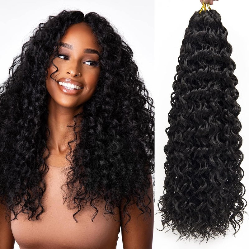 QRHSUKA شعر محبوك بنمط GoGo Curl للنساء السود، بتموجات مائية وشعر بشري مموج، إضافات شعر صناعية (طول 18 بوصة، عبوة تحتوي على 6 قطعات)، اللون 1B، اللون الأسود الطبيعي - Image 1