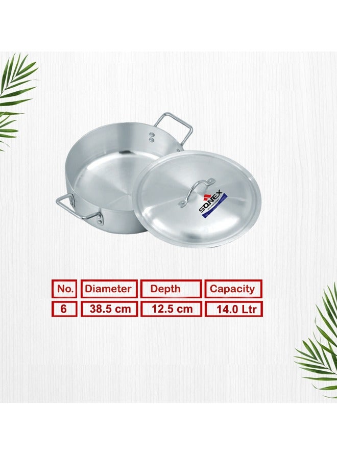 SONEX قدر سمك رقم 6 من سونيكس (38.5 سم و14 لتر)، قدر طهي ضحل مع غطاء، ألومنيوم ممتاز، توزيع ممتاز للحرارة، مقابض مريحة، آمنة للغسل في غسالة الأطباق، لمسة نهائية معدنية، فضي - Image 4