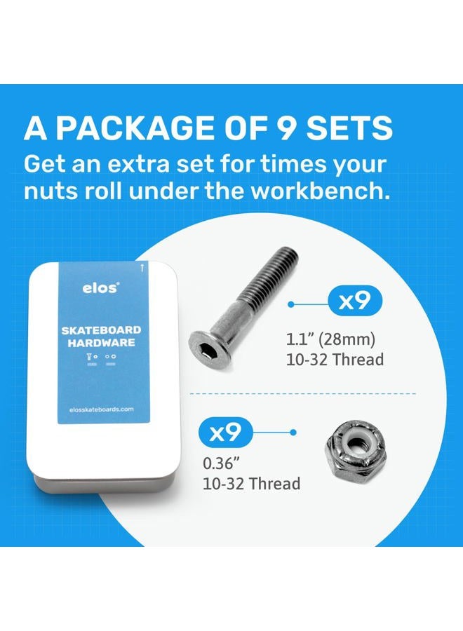ELOS Skateboards Mounting Hardware Set High Strength Hardened Steel. 1.1 inch Countersunk Allen Bolts with Nylock Nuts. Strong and Rust-Free. (9 Screws and 9 Nuts) - Image 4