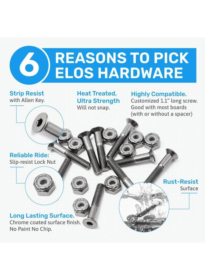 ELOS Skateboards Mounting Hardware Set High Strength Hardened Steel. 1.1 inch Countersunk Allen Bolts with Nylock Nuts. Strong and Rust-Free. (9 Screws and 9 Nuts) - Image 2