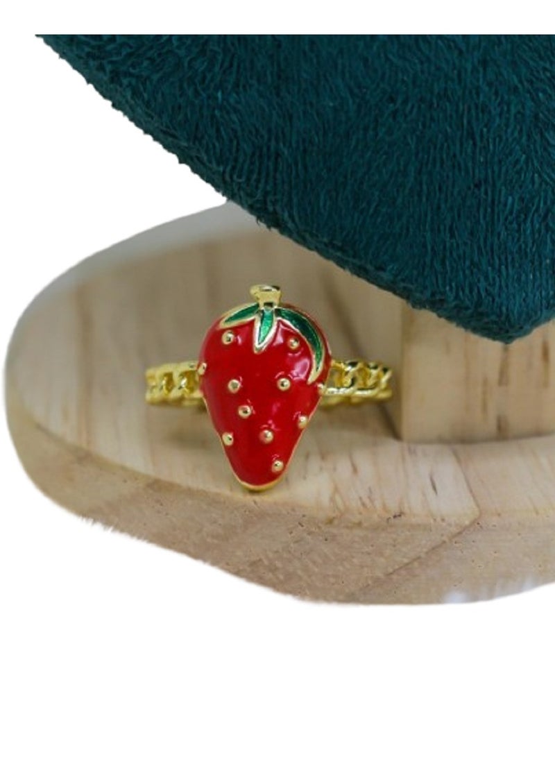 MANIKAN Strawberry Ring, Gold-Plated Chain Band, Red Enamel Design - Image 1