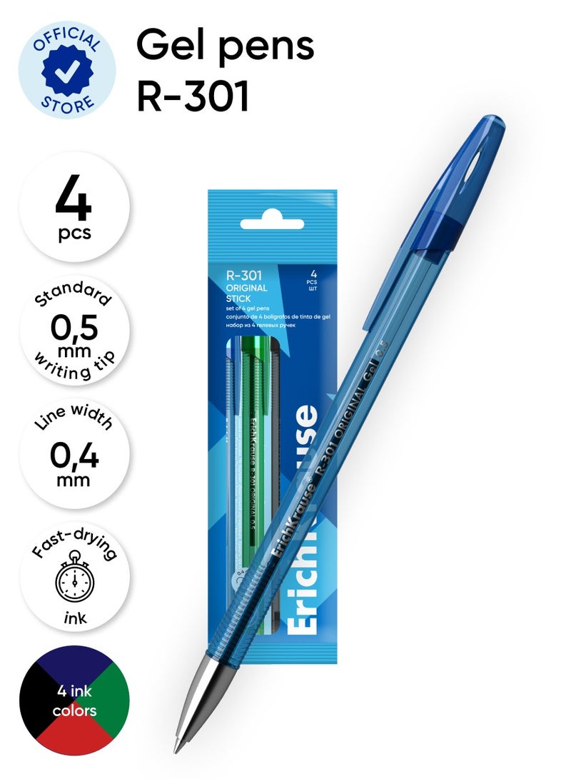ErichKrause Set of 4 gel ink pens R-301 Gel Stick Original 0.5, ink color: blue, black, red, green (in polybag) - Image 1