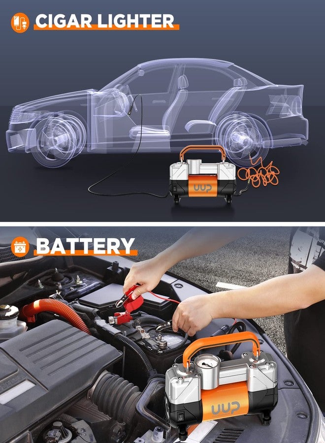 UUP Tire Inflator Air Compressor, 150PSI 12V DC Double Cylinders Heavy Duty Portable Air Pump w/Emergency LED Light for Truck, SUV, Car, RV - Image 3
