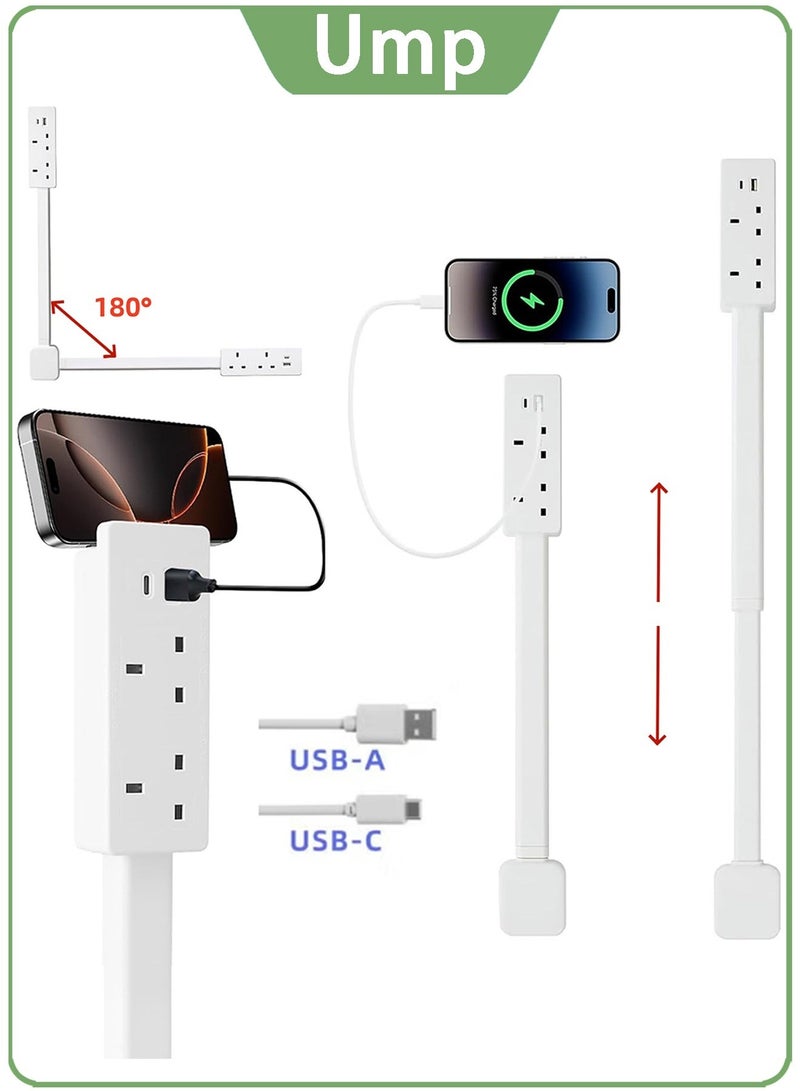 Ump Multi-Functional Electrical Outlet Extender Socket with 180° Rotating, Universal Plug Adapter, Power Extension Socket, 1500W Power Stick with 2 AC, USB-A & USB-C Ports, 20"-27" Adjustable Extension Cord Strip, Access Hard-to-Reach Outlets Use Behind Couches, Desk - Image 1