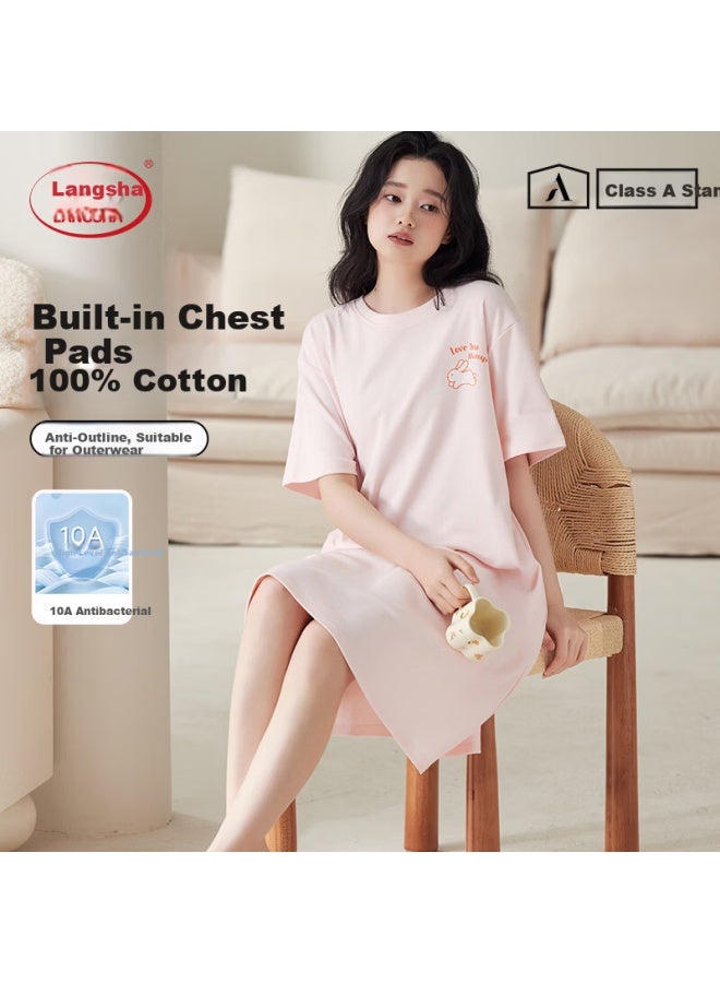 LANG SHA Langsha Women's 100% Cotton Summer Short Sleeve Solid Color Padded Chest Simple Loose Nightdress Homewear Pink - Image 1