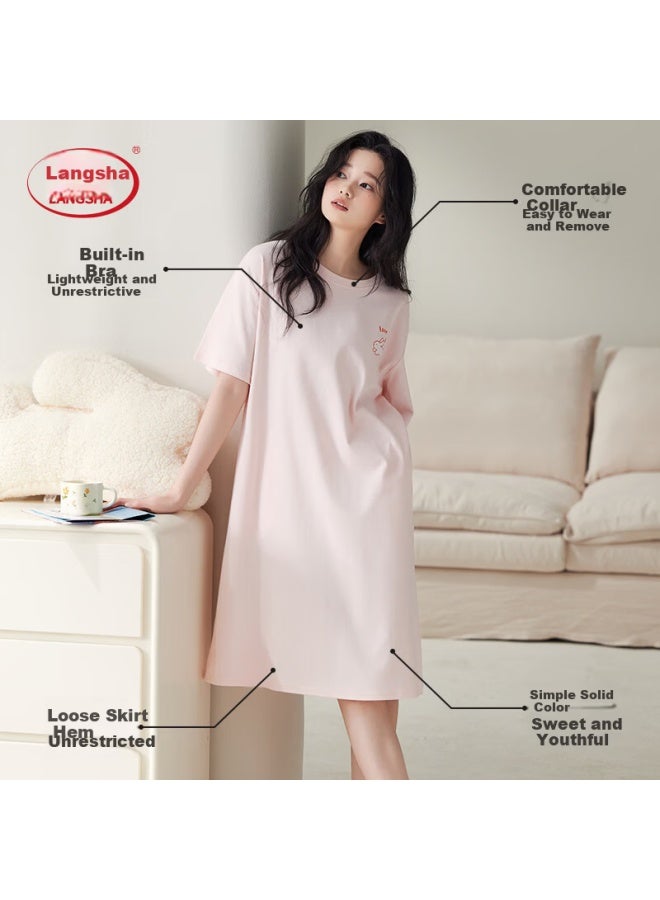 LANG SHA Langsha Women's 100% Cotton Summer Short Sleeve Solid Color Padded Chest Simple Loose Nightdress Homewear Pink - Image 4