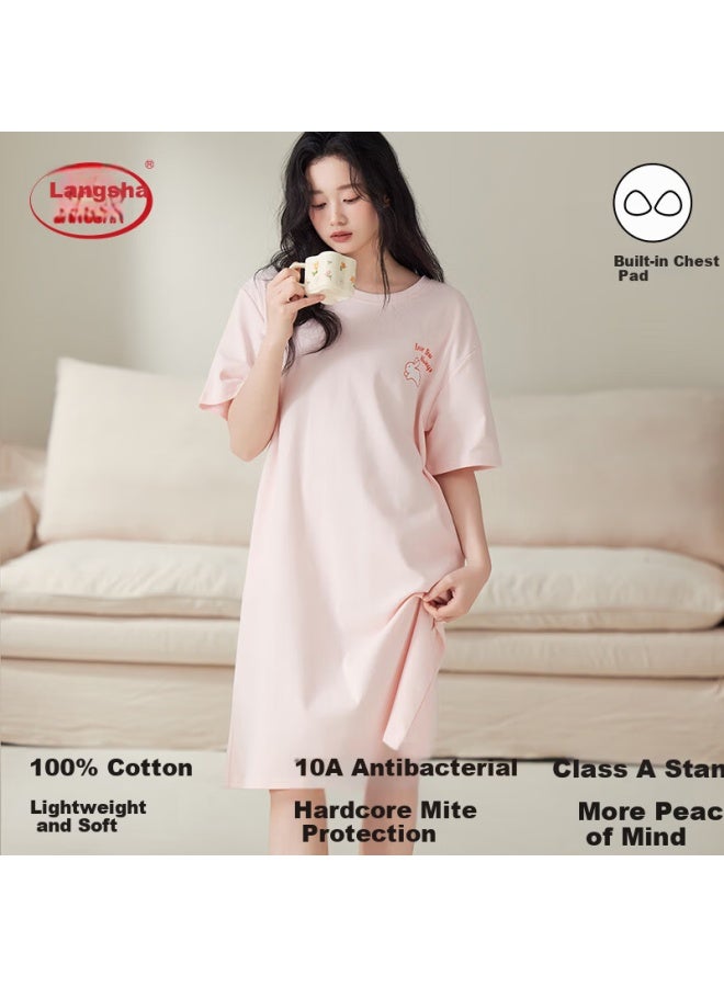 LANG SHA Langsha Women's 100% Cotton Summer Short Sleeve Solid Color Padded Chest Simple Loose Nightdress Homewear Pink - Image 2
