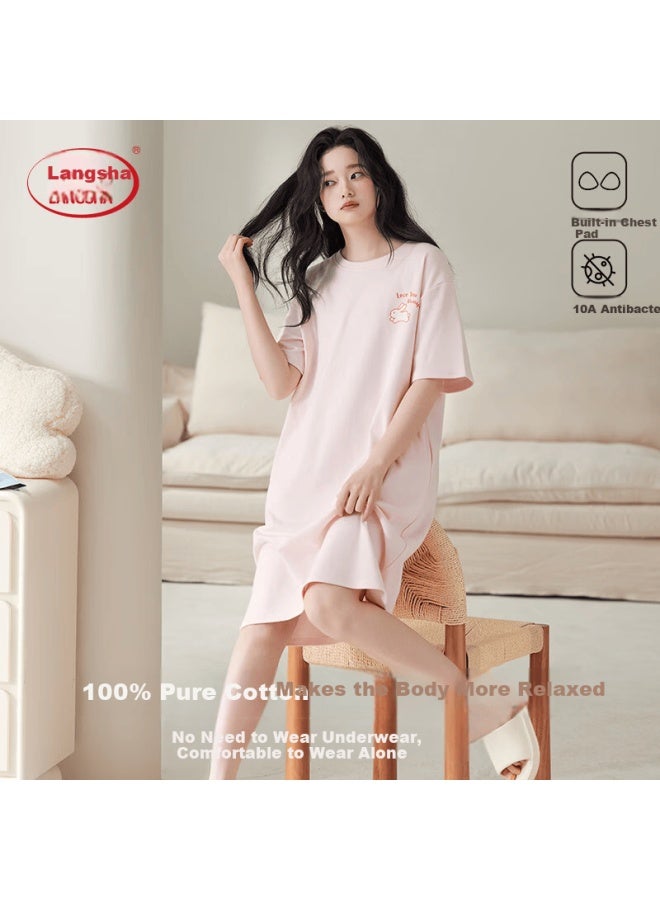LANG SHA Langsha Women's 100% Cotton Summer Short Sleeve Solid Color Padded Chest Simple Loose Nightdress Homewear Pink - Image 3