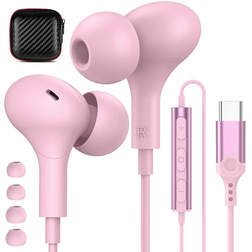 APETOO USB C Headphones for iPhone 17 16 15 Plus/Galaxy S26 S25 Wired Earbuds with Microphone for Samsung S24 S23 S22 S21 S20 Ultra, Magnetic Noise Canceling in-Ear Type C Earphone for iPad 10/Pixel 8a, Pink - Image 1