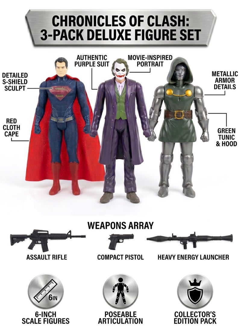 Avengers 5 Doomsday Chronicles of Clash 3-Pack Deluxe Figure Set – Superman, The Joker & Doctor Doom 15cm Action Figures | 6-Inch Scale Poseable Hero & Villains Playset with Weapons Array & Cloth Cape | Best Birthday, Eid & Christmas Gift for Kids Ages 3+ - Image 2