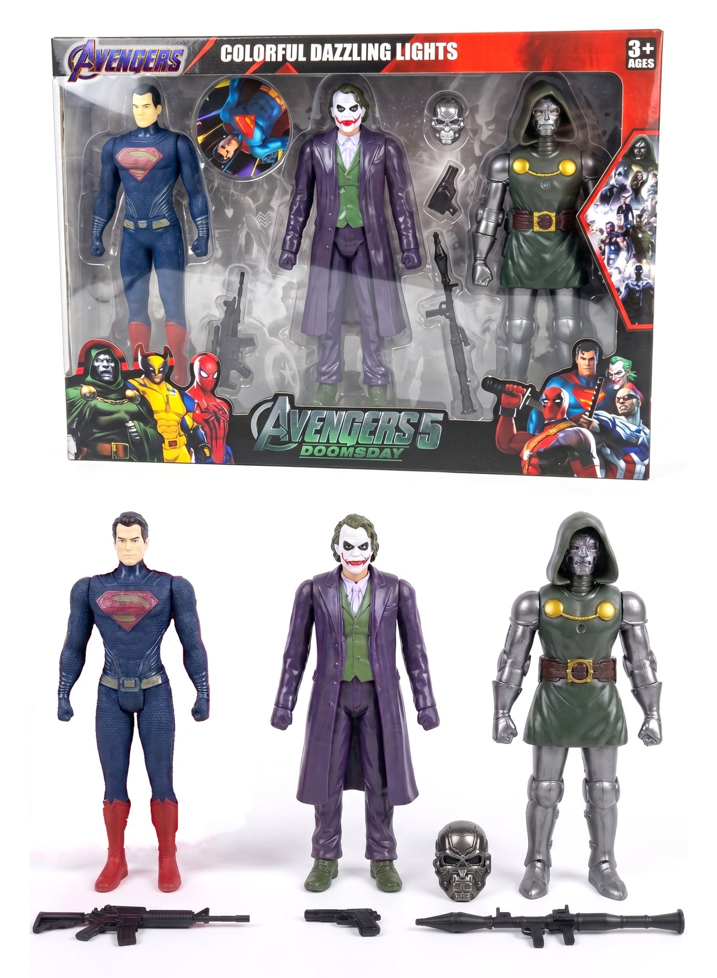 Avengers 5 Doomsday Chronicles of Clash 3-Pack Deluxe Figure Set – Superman, The Joker & Doctor Doom 15cm Action Figures | 6-Inch Scale Poseable Hero & Villains Playset with Weapons Array & Cloth Cape | Best Birthday, Eid & Christmas Gift for Kids Ages 3+