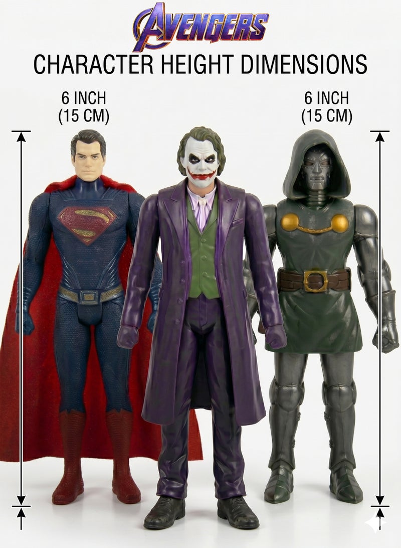 Avengers 5 Doomsday Chronicles of Clash 3-Pack Deluxe Figure Set – Superman, The Joker & Doctor Doom 15cm Action Figures | 6-Inch Scale Poseable Hero & Villains Playset with Weapons Array & Cloth Cape | Best Birthday, Eid & Christmas Gift for Kids Ages 3+ - Image 4