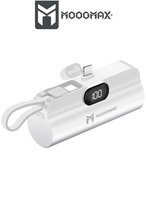 2-in-1 Super Tiny Size Mini Power Bank 5000mAh and the size of a lipstick pen. Its light weight makes it easy to carry and use. It has two ports lightning and a side Type-C port-supports fast charging