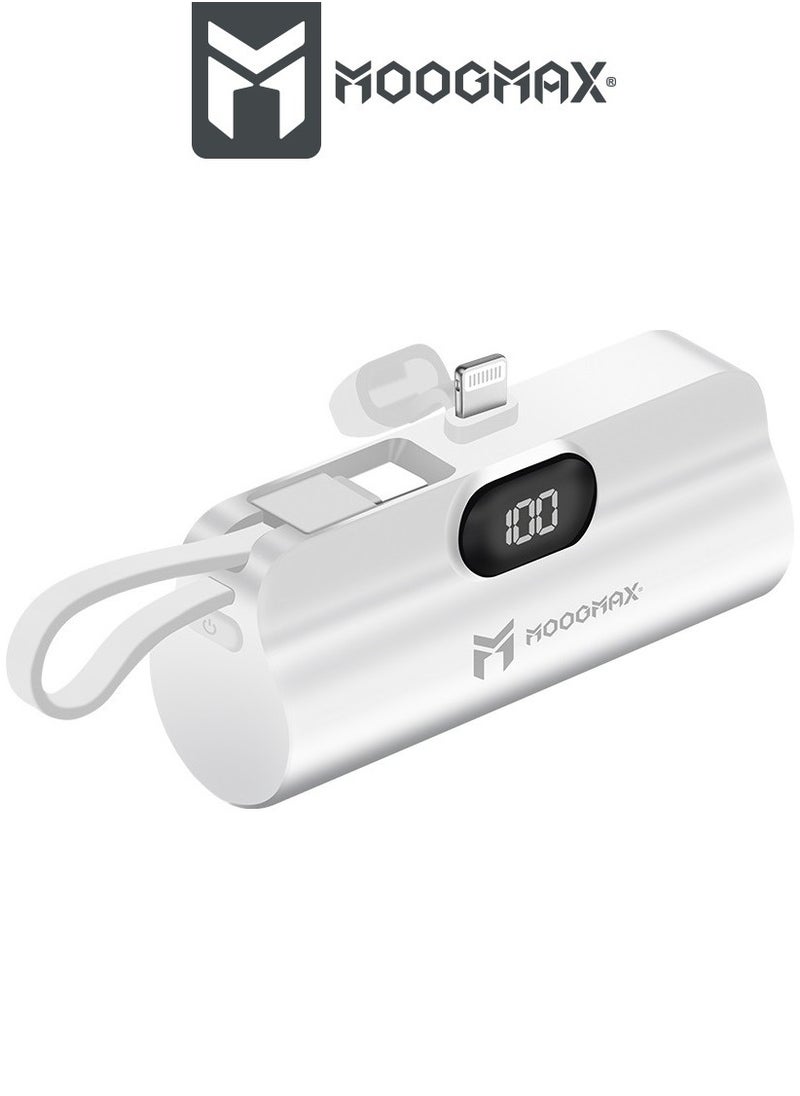 2-in-1 Super Tiny Size Mini Power Bank 5000mAh and the size of a lipstick pen. Its light weight makes it easy to carry and use. It has two ports lightning and a side Type-C port-supports fast charging