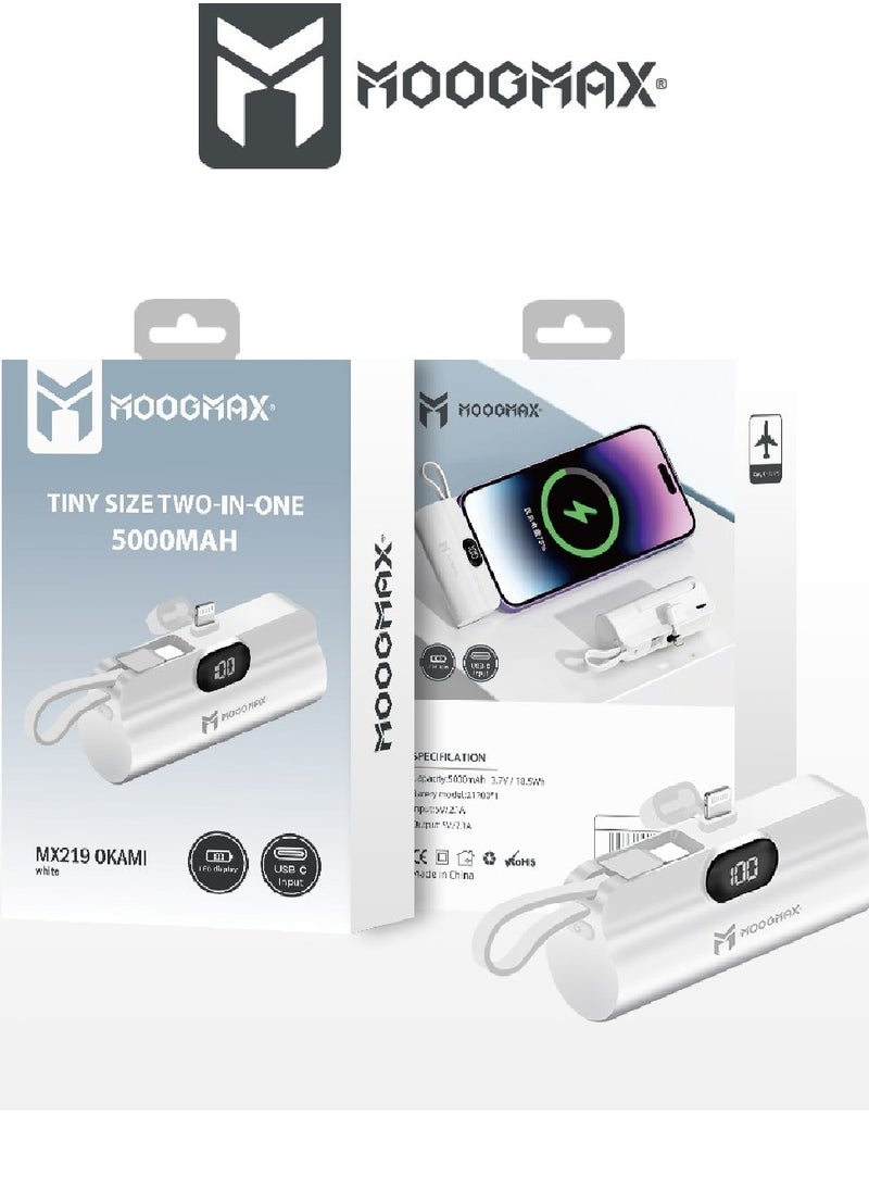2-in-1 Super Tiny Size Mini Power Bank 5000mAh and the size of a lipstick pen. Its light weight makes it easy to carry and use. It has two ports lightning and a side Type-C port-supports fast charging