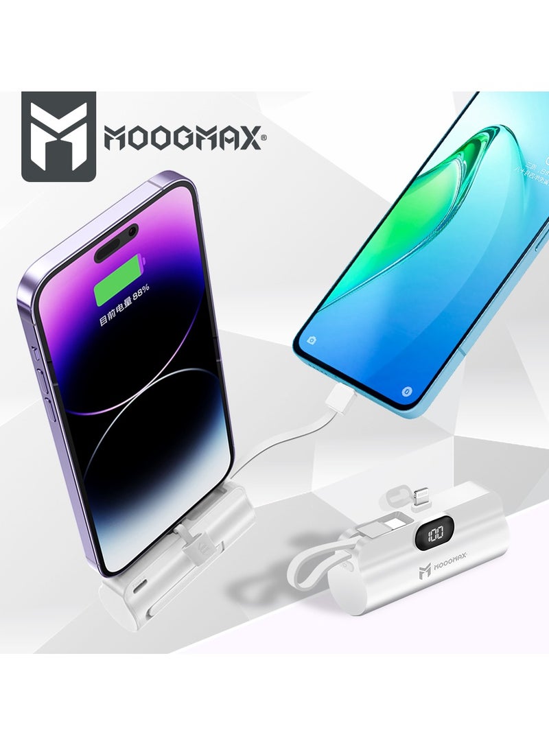 2-in-1 Super Tiny Size Mini Power Bank 5000mAh and the size of a lipstick pen. Its light weight makes it easy to carry and use. It has two ports lightning and a side Type-C port-supports fast charging
