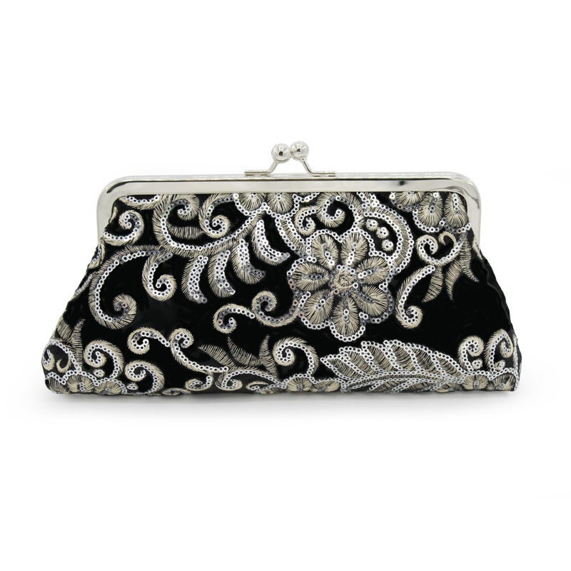 Vintage Sequin Beaded Black Velvet Clutch with Rhinestone Embellishment for Evening and Formal Occasions - Image 1