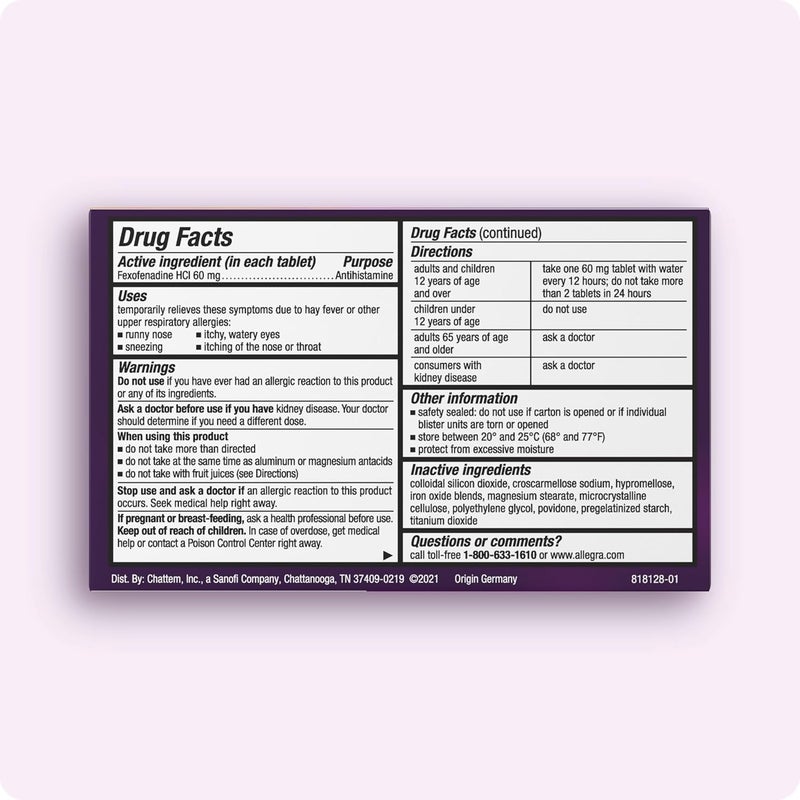 Allegra Adult 12Hour Allergy Relief Tablets NonDrowsy Indoor and Outdoor Allergy Medicine 60 mg Fexofenadine HCI Antihistamine Pill 24Count - Image 2