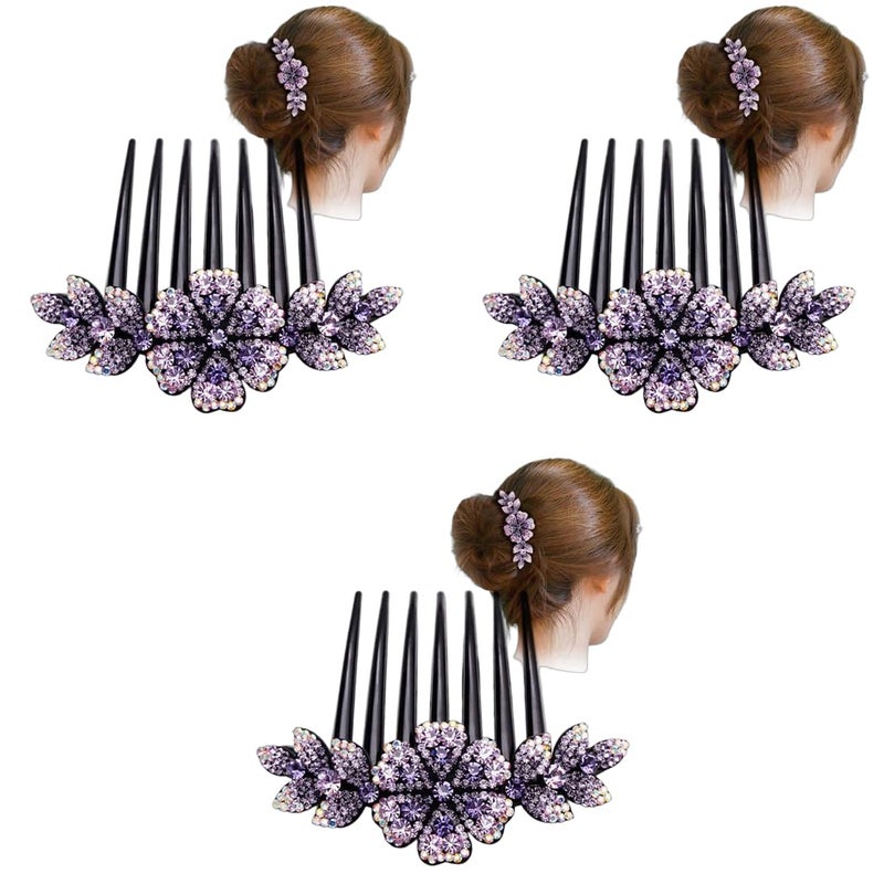 M'AYCREATE MAYCREATE® Hair Clips for Women Flower Comb Pins Slide Girls Crystal Barrettes Bridal Charm Accessories 1Pc Dark Purple 3PCS - Image 1