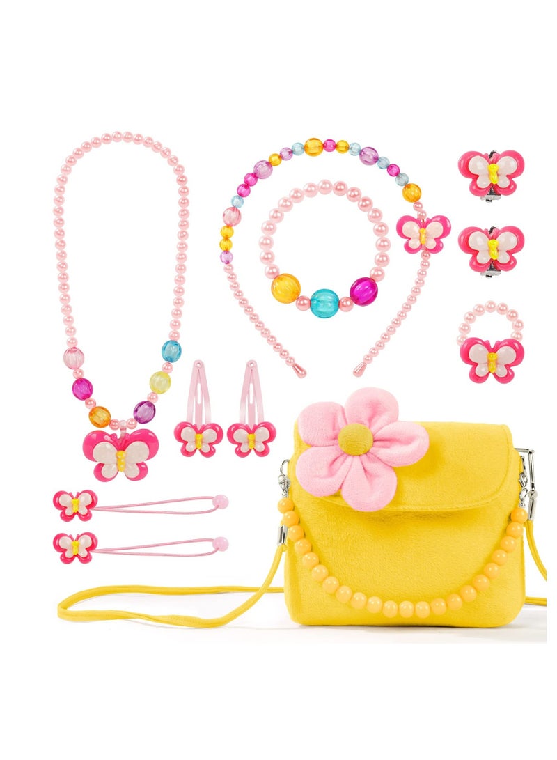 Kids Jewelry Set, Flower Crossbody Bag Purse Gift, Children Yellow Handbag with Butterfly Necklace Bracelet Rings Earrings, Princess Role Play Dress Up Jewelry Accessories Party Favors  - Image 1