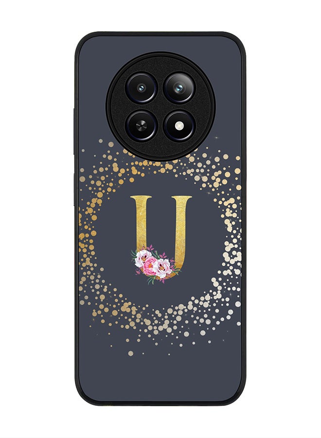 Stylizedd Rugged Black edge case for Realme 12 / Realme 12x, Slim fit Case Flexible Cover - Custom Monogram Initial Letter Floral Pattern Alphabet - U (Grey ) - Image 1