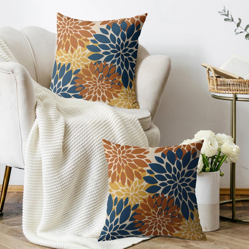 Smozenith Smozenith Blue Orange Yellow Pillow Covers 18X18 Inch Set of 2  Fall Colored Modern Geometry Dahlia Floral Print Decorative Throw Pillow Covers Outdoor Farmhouse Cushion Case for Couch Sofa Bed Decor  - Image 3
