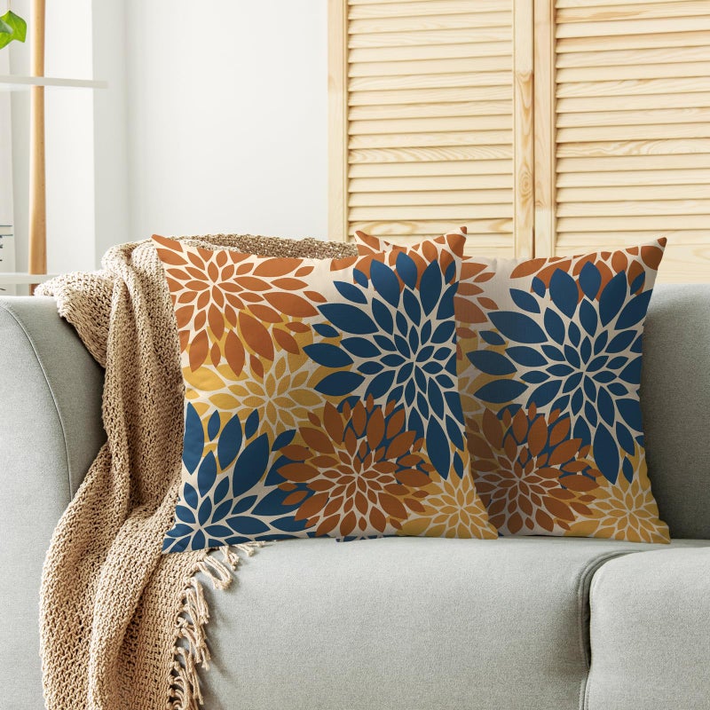 Smozenith Smozenith Blue Orange Yellow Pillow Covers 18X18 Inch Set of 2  Fall Colored Modern Geometry Dahlia Floral Print Decorative Throw Pillow Covers Outdoor Farmhouse Cushion Case for Couch Sofa Bed Decor  - Image 2