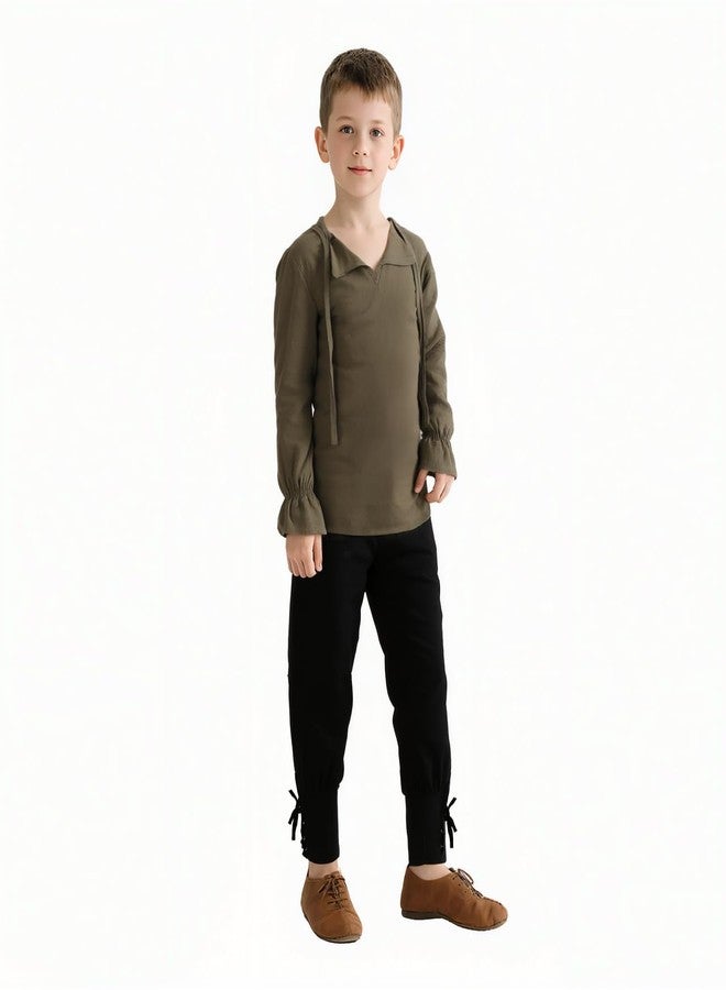 VZQI Boys Girls Medieval Lace-Up Neck Shirt Long Sleeve Renaissance Pirate Top Scottish Jacobite Halloween Costume Tunic Green wiht Pant 3'9''-4'3'' - Image 1