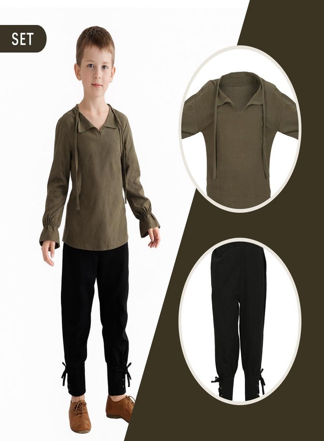 VZQI Boys Girls Medieval Lace-Up Neck Shirt Long Sleeve Renaissance Pirate Top Scottish Jacobite Halloween Costume Tunic Green wiht Pant 3'9''-4'3'' - Image 3
