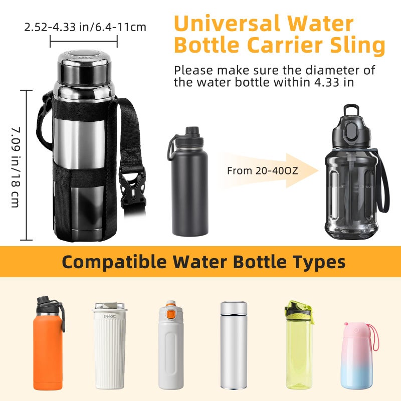 Nuovoware Water Bottle Holder with Strap, 2 Pack Elastic Bag for 20-40 OZ Bottle, Lightweight Carrier with Detachable Shoulder Strap for Walking Hiking Camping Fishing Traveling, Black+Black - Image 2