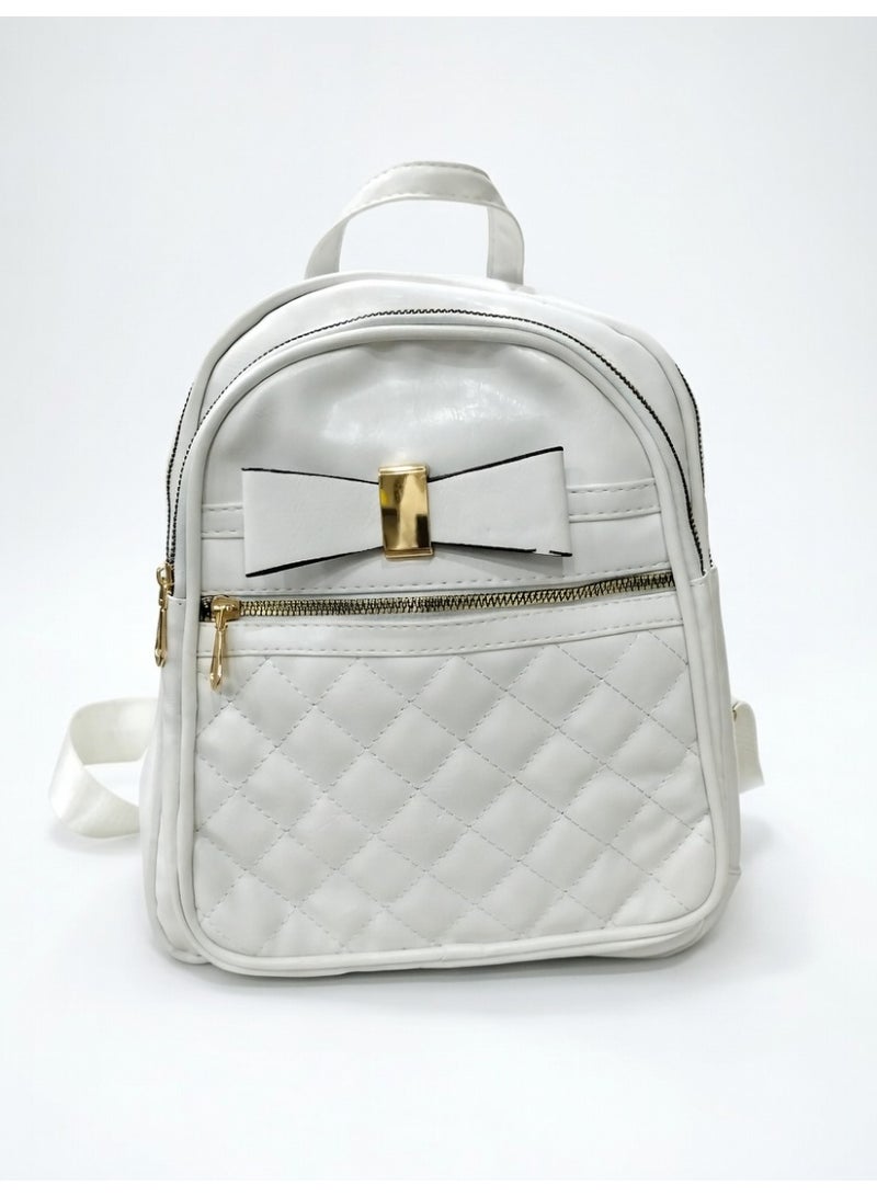 Elegant Quilted Bow Backpack – Premium Fashion Mini Backpack for Women-White - Image 1