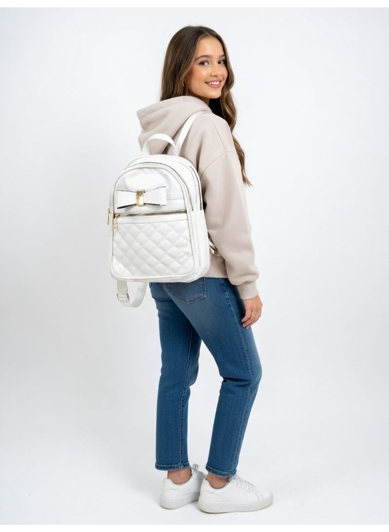 Elegant Quilted Bow Backpack – Premium Fashion Mini Backpack for Women-White - Image 4