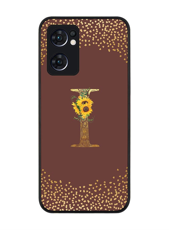 Stylizedd Rugged Black edge case for Oppo Reno7 5G  Slim fit Soft Case Flexible Rubber Edges Anti Drop TPU Gel Thin Cover - Custom Monogram Initial Letter Floral Pattern Alphabet - I (Brown ) - Image 1