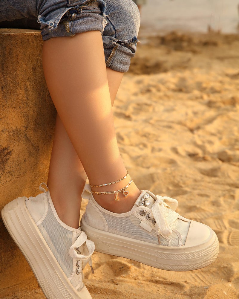 Wremily Initial Ankle Bracelets for Women Waterproof 14K Gold Plated Dainty Layered Figaro Chain Letter Initial CZ Heart Ankle Bracelets Set Summer Beach Jewelry for Women - Image 4