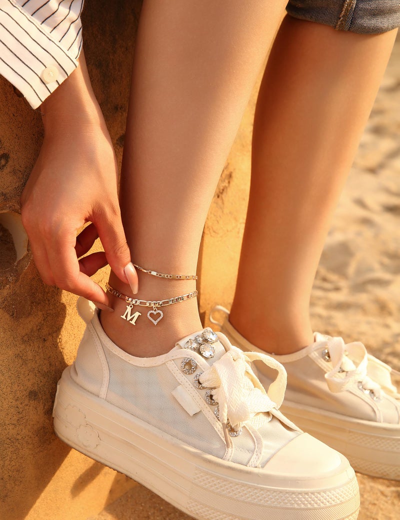 Wremily Initial Ankle Bracelets for Women Waterproof 14K Gold Plated Dainty Layered Figaro Chain Letter Initial CZ Heart Ankle Bracelets Set Summer Beach Jewelry for Women - Image 2