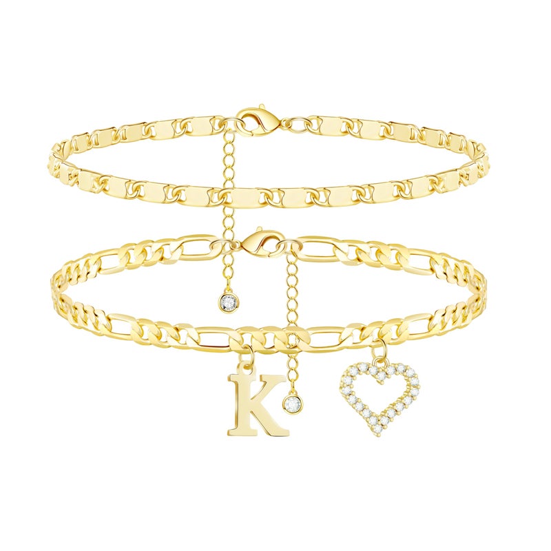 Wremily Initial Ankle Bracelets for Women Waterproof 14K Gold Plated Dainty Layered Figaro Chain Letter Initial CZ Heart Ankle Bracelets Set Summer Beach Jewelry for Women - Image 1