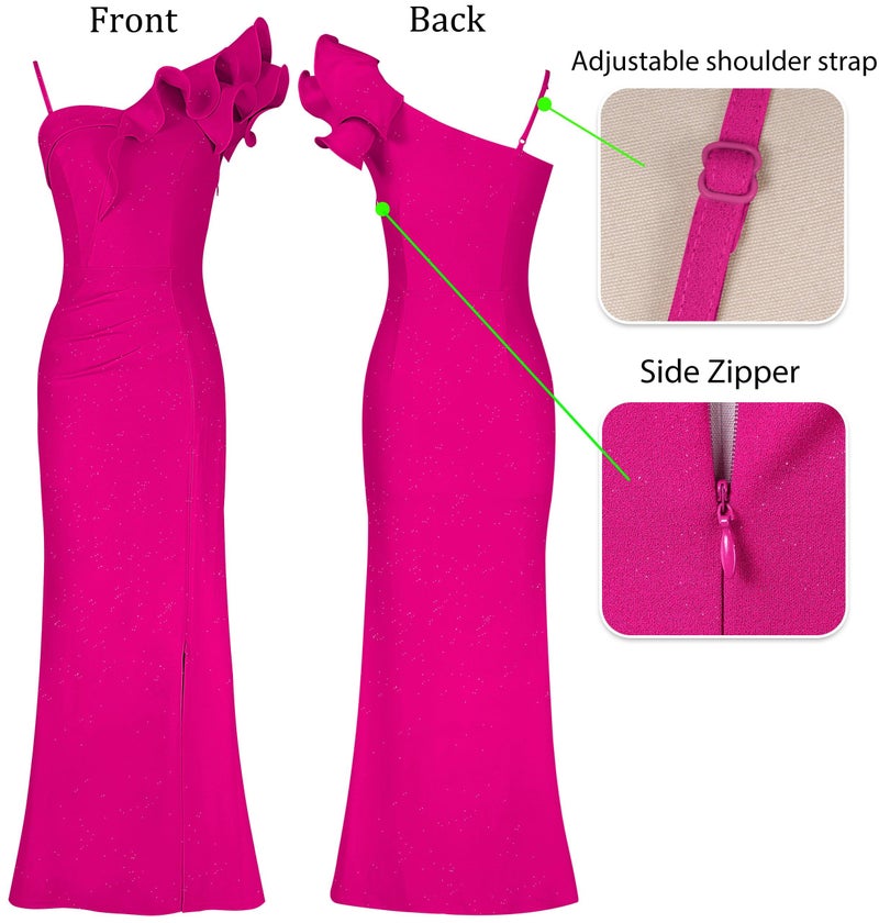 VFSHOW Womens Ruffle One Shoulder Strap Ruched Formal Prom Wedding Maxi Dress V Neck Elegant Split Cocktail Evening Long Gown (Sparkly Hot Pink, Medium) 10752 HPIK M - Image 4