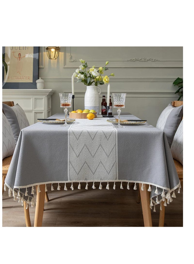 Excefore Rectangle Tablecloths, Burlap Table Cloths, Waterproof Knitted Embroidery Textured Tassel Cotton Linen Decorative Oblong Table Cover for Kitchen Dining Room Picnic (55x55 Inch,Grey) - Image 1